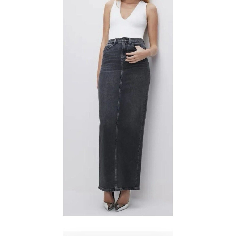 Good American Tube Faded Black Denim Maxi Skirt Size 2/26 NWT Back Zip